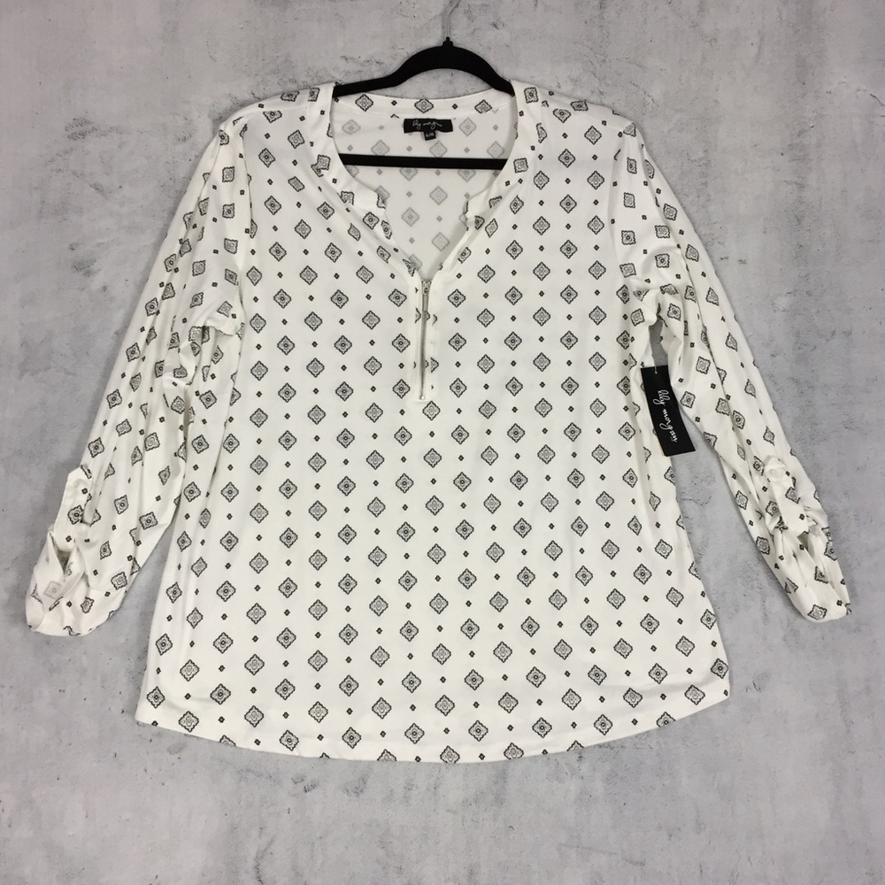 Lily Morgan NEW Quarter Zip Top Sz XL V Neck Roll Tab Sleeves Cream Print